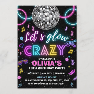 Let’s Glow Crazy disco party Invitation