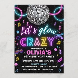 Let’s Glow Crazy disco party Invitation