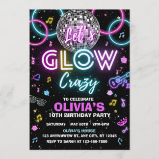Let’s Glow Crazy disco party invite - disco ball 