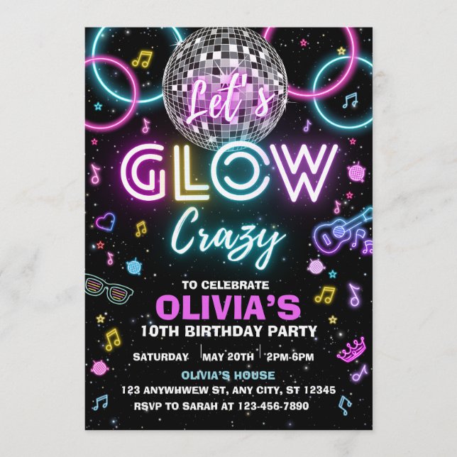 Let’s Glow Crazy disco party invite - disco ball  (Front)