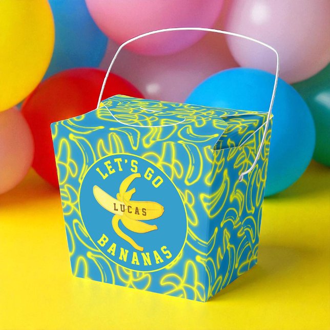 Let’s Go Bananas Party Favor Boxes (Bright ‘Let’s Go Bananas’ favor box with neon fruit pattern and custom name.)