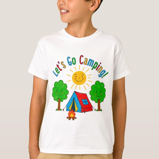Let’s Go Camping Kids Drawing Design T-Shirt (Front)