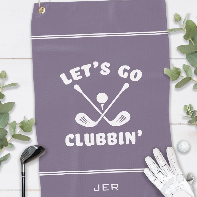 Let’s Go Clubbin’ Funny Purple Golfer Golf Towel (Funny Golf Club Humor Modern Golfer Cute Classic Crossed Clubs Sports Purple Golf Towel)