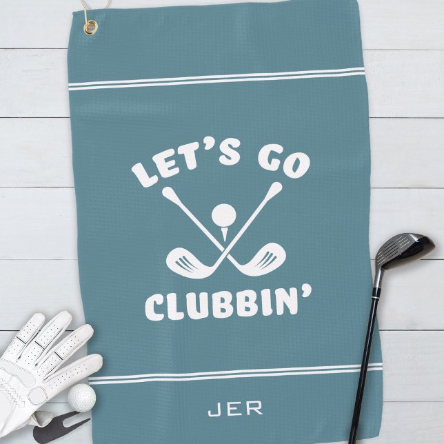 Let’s Go Clubbin’ Funny Turquoise  Golf Towel (Funny Golf Club Modern Golfer Sports Pro Turquoise Green Cute Crossed Clubs Golf Towel )