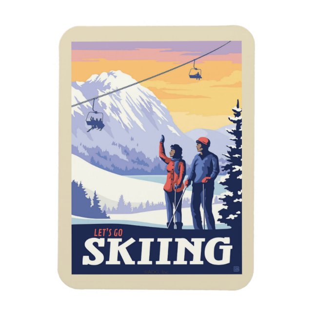 Let’s Go Skiing Vintage Print Magnet (Vertical)