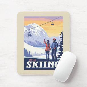 Let’s Go Skiing Vintage Print Mouse Pad