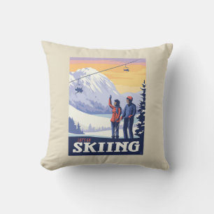 Let’s Go Skiing Vintage Print Throw Pillow