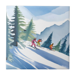 Let’s Go Skiing   Winter Watercolor Painting Ceramic Tile