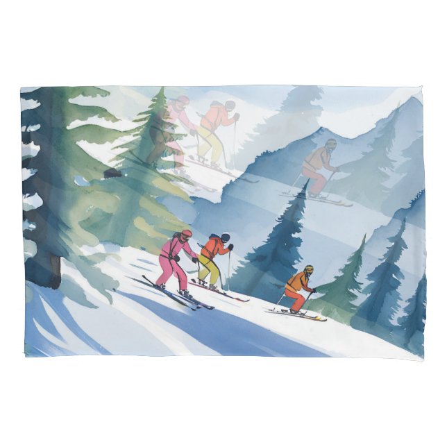 Let’s Go Skiing | Winter Watercolor Painting Pillow Case (Front)