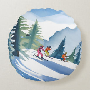 Let’s Go Skiing   Winter Watercolor Painting Round Pillow