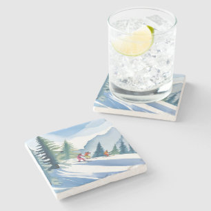 Let’s Go Skiing   Winter Watercolor Painting Stone Coaster