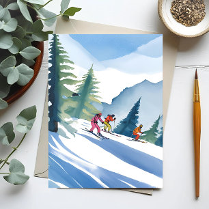 Let’s Go Skiing Winter Watercolor Postcard