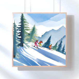 Let’s Go Skiing   Winter Watercolor Poster