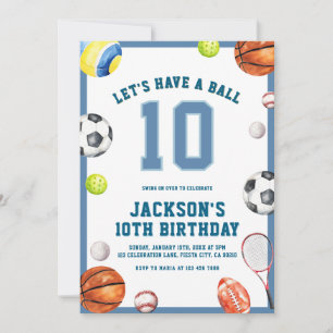 Let’s Have a Ball 10th Birthday Boy Sports Party Invitation