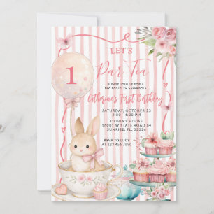 Let’s Par Tea Pink Striped Bunny Party Birthday Invitation