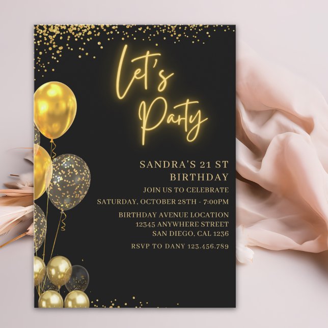 Let’s Party- elegant Birthday with Golden balloons Invitation (Creator Uploaded)