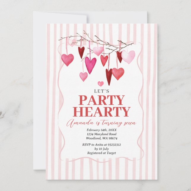 Let’s Party Hearty Pink Hearts Birthday Invitation (Front)