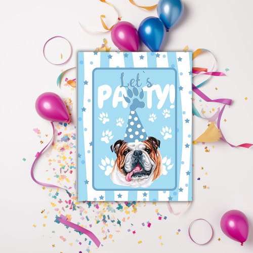 Lets pawty bulldog illustration blue Birthday Inv Postcard