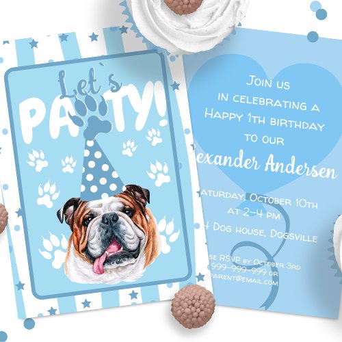 Lets pawty bulldog illustration blue Birthday Invitation