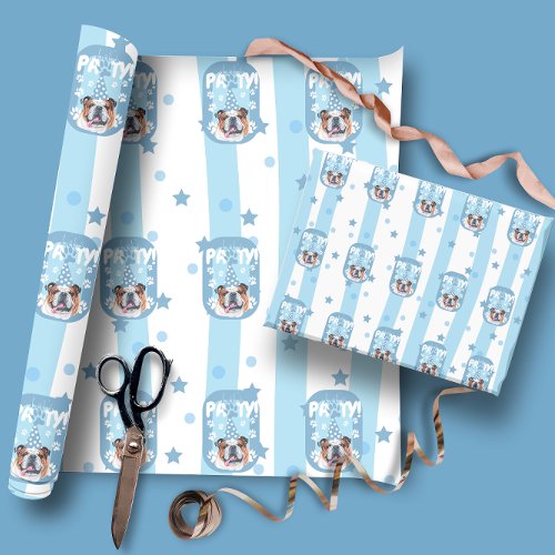 Lets pawty bulldog illustration blue Birthday  Wrapping Paper