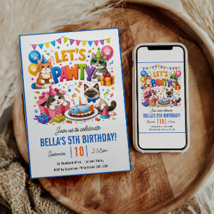 Let’s Pawty Cat 5th Birthday   Cute Kitty Birthday Invitation