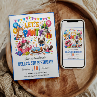 Let’s Pawty Cat 5th Birthday | Cute Kitty Birthday Invitation