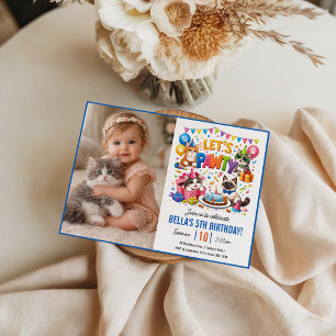 Let’s Pawty Cat 5th Birthday   Cute Kitty Birthday Invitation