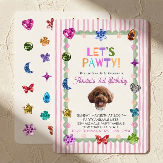 Let’s Pawty Dog Photo Pink Stripes Gem Birthday Invitation