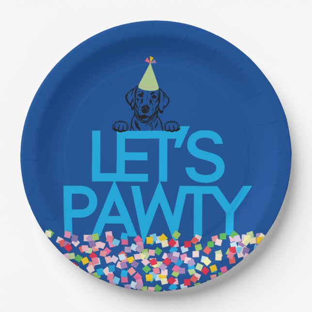 “Let’s PAWTY” Labrador Party Blue Paper Plates (Front)