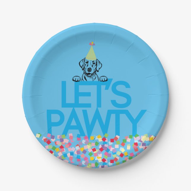 “Let’s PAWTY” Labrador Party Lt. Blue Paper Plates (Front)
