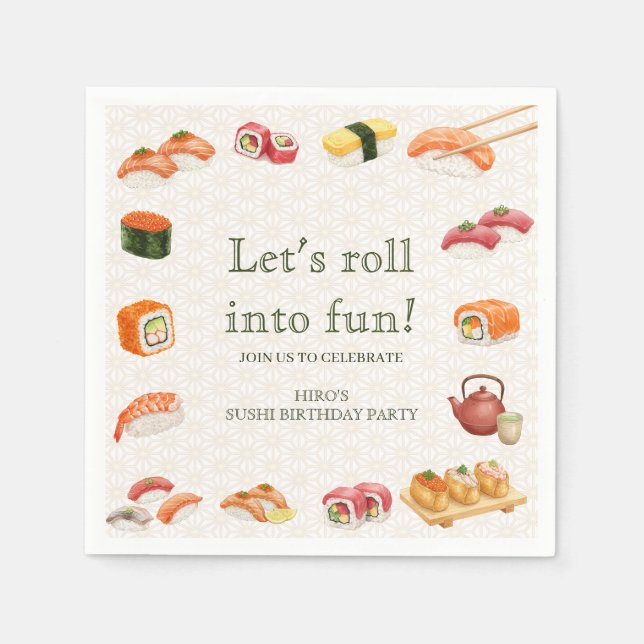 Let’s Roll into Fun! Sushi Birthday Party Invitati Napkins (Front)