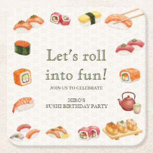 Let’s Roll into Fun! Sushi Birthday Party Invitati Square Paper Coaster