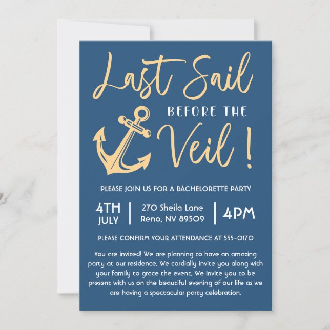 Let Sail Before The Veil Nautic Bachelorette Party Invitation (Front)