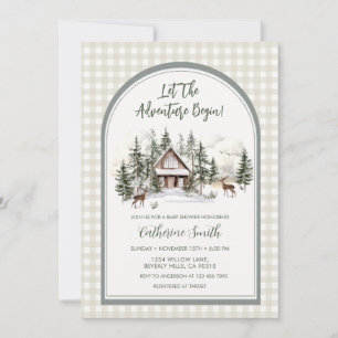  Let The Adventure Begin Arch Gingham Baby Shower Invitation
