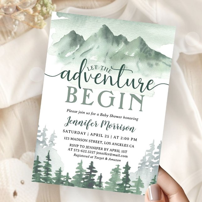 Let The Adventure Begin Baby Shower Green Mountain Invitation (Creator Uploaded)