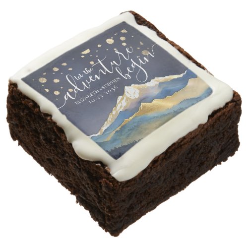 Let The Adventure Begin Blue Gold Mountain Wedding Brownie