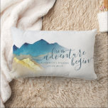 Let The Adventure Begin Blue Gold Mountain Wedding Lumbar Pillow<br><div class="desc">Let The Adventure Begin!
Wedding Shower Throw Pillow Templates - Blue Green and Faux Gold Foil Watercolor Mountains Landscapes Scenery.

These Designs Can Be Personalized For Your Special Occasion And Would Be Perfect For Your Wedding,  Bridal Shower,  Engagement Party,  Birthday Party And Many More Special Occasions.</div>