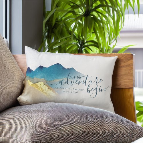 Let The Adventure Begin Blue Gold Mountain Wedding Lumbar Pillow