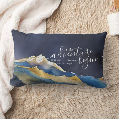 Let The Adventure Begin Blue Gold Mountain Wedding Lumbar Pillow
