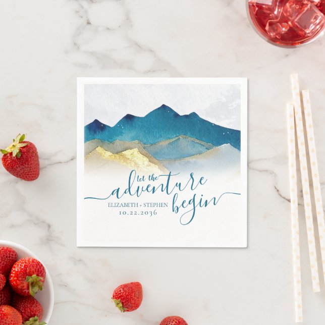 Let The Adventure Begin Blue Gold Mountain Wedding Napkins (Insitu)
