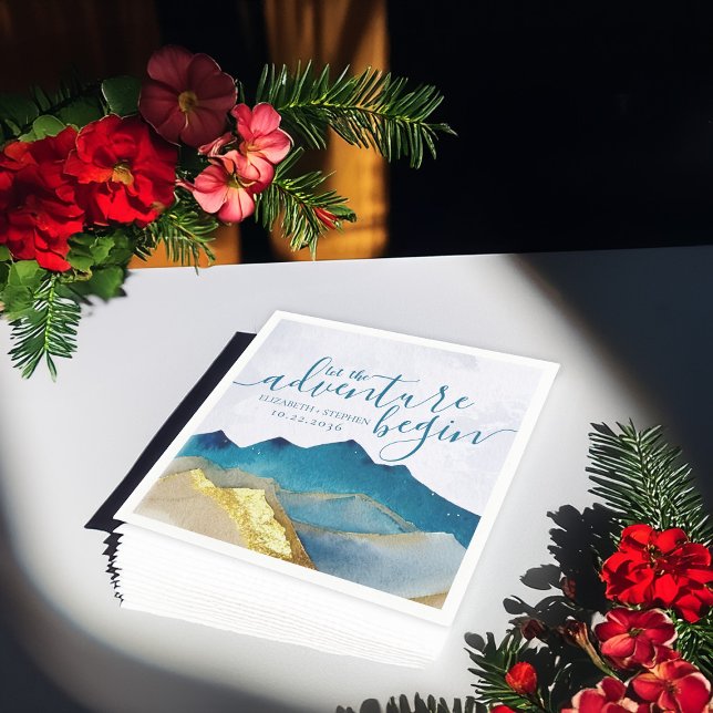 Let The Adventure Begin Blue Gold Mountain Wedding Napkins (Creator Uploaded)
