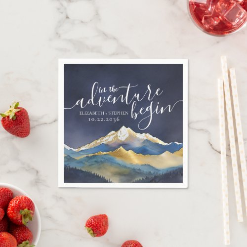 Let The Adventure Begin Blue Gold Mountain Wedding Napkins