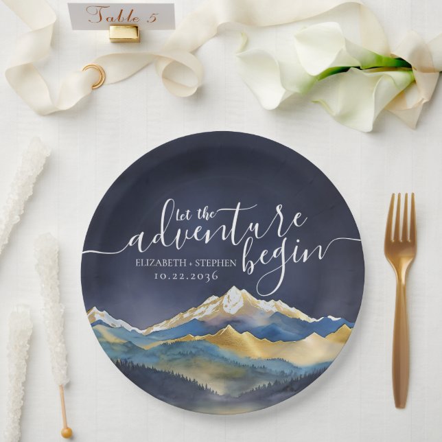 Let The Adventure Begin Blue Gold Mountain Wedding Paper Plates (Wedding)