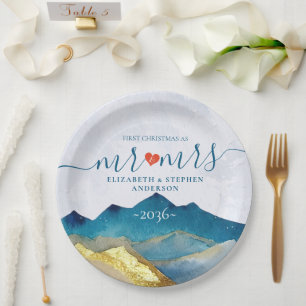 Let The Adventure Begin Blue Gold Mountain Wedding Paper Plates