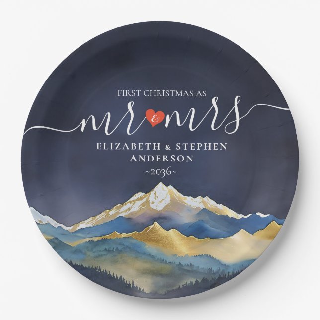 Let The Adventure Begin Blue Gold Mountain Wedding Paper Plates (Front)