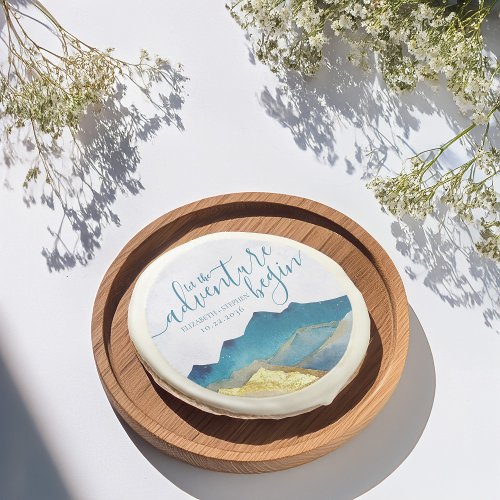 Let The Adventure Begin Blue Gold Mountain Wedding Sugar Cookie