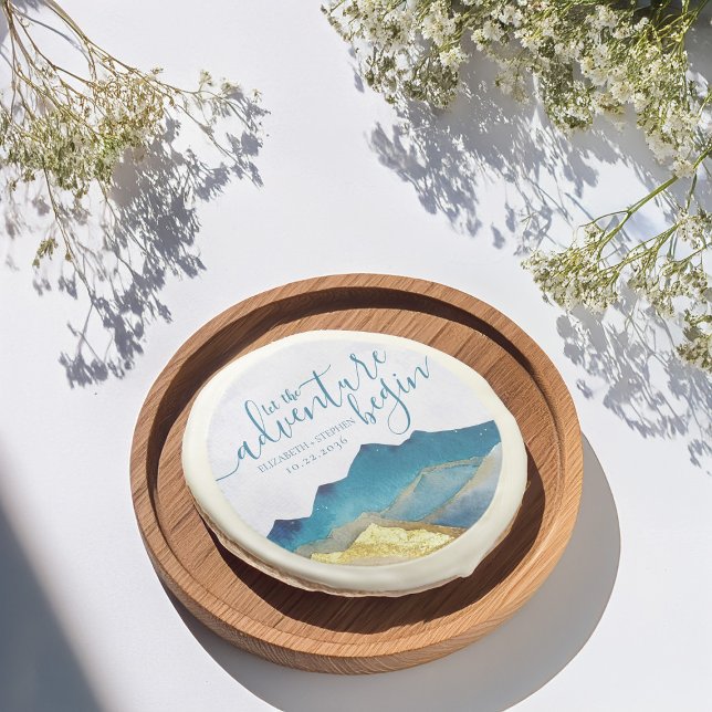 Let The Adventure Begin Blue Gold Mountain Wedding Sugar Cookie (Creator Uploaded)