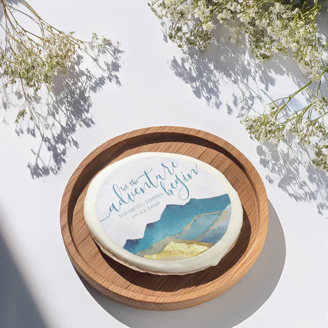Let The Adventure Begin Blue Gold Mountain Wedding Sugar Cookie
