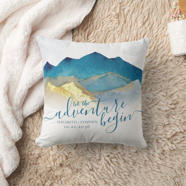 Let The Adventure Begin Blue Gold Mountain Wedding Throw Pillow (Blanket)