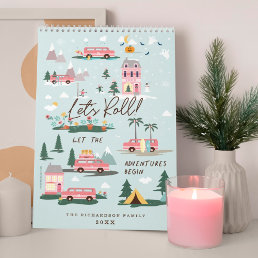 Let The Adventure Begin Chic Pink Retro Van Family Calendar